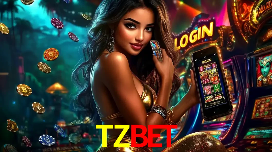 Mulher em um cenário de cassino temático de aventura, mostrando o app de caça-níqueis da TZBET no celular. Fichas de apostas flutuam ao redor.