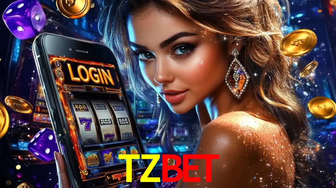 Mulher glamorosa segurando um smartphone com a tela de login para os jogos de caça-níqueis do cassino online TZBET, com moedas de ouro e dados ao redor.