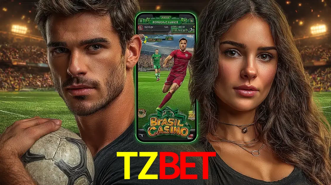 Homem segurando uma bola de futebol e uma mulher ao lado de um smartphone exibindo o jogo de apostas esportivas da TZBET. Faça seu palpite no cassino online.